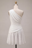 White Lace Ruched One Shoulder A-Line Short Graduation Dress