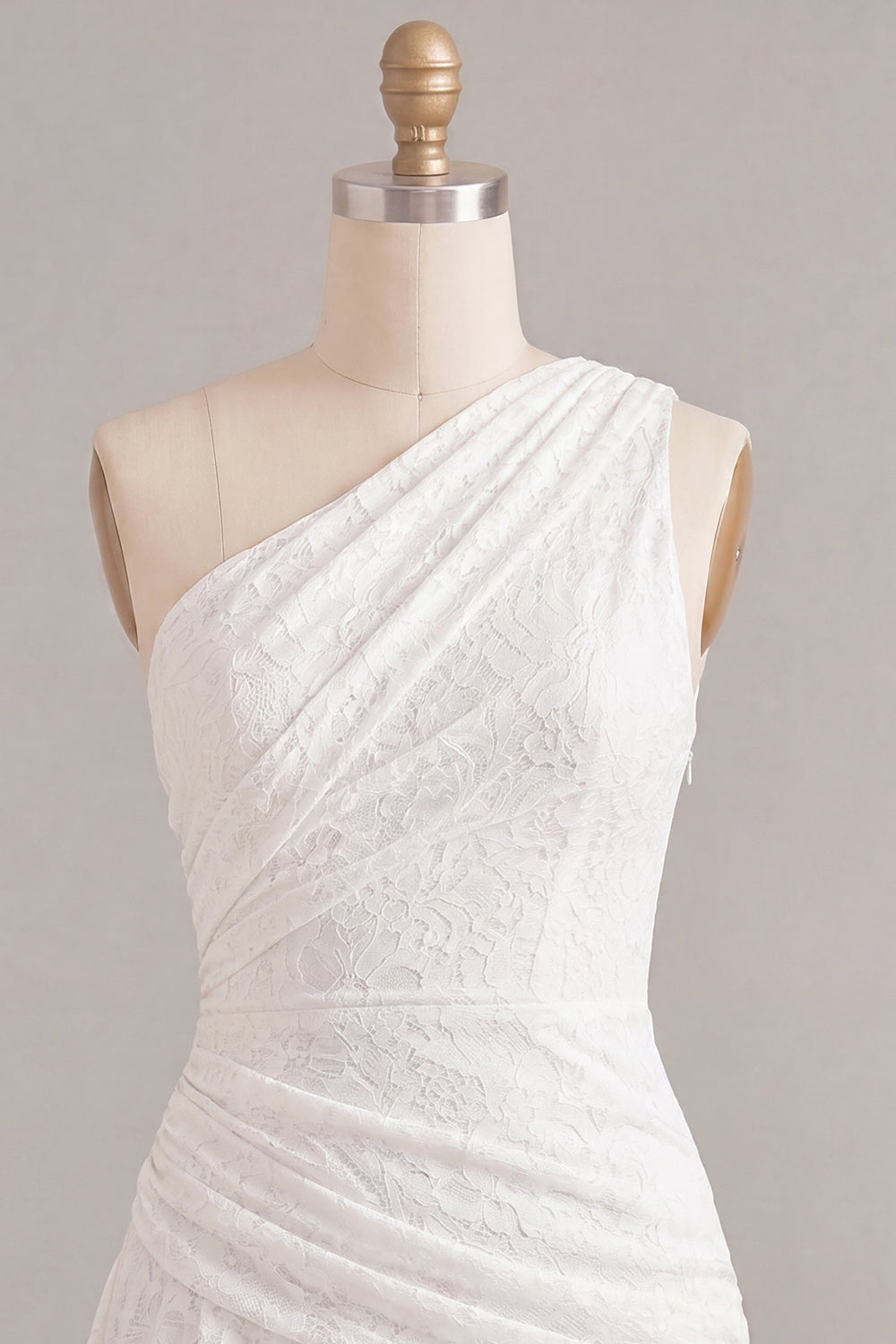 White Lace Ruched One Shoulder A-Line Short Graduation Dress