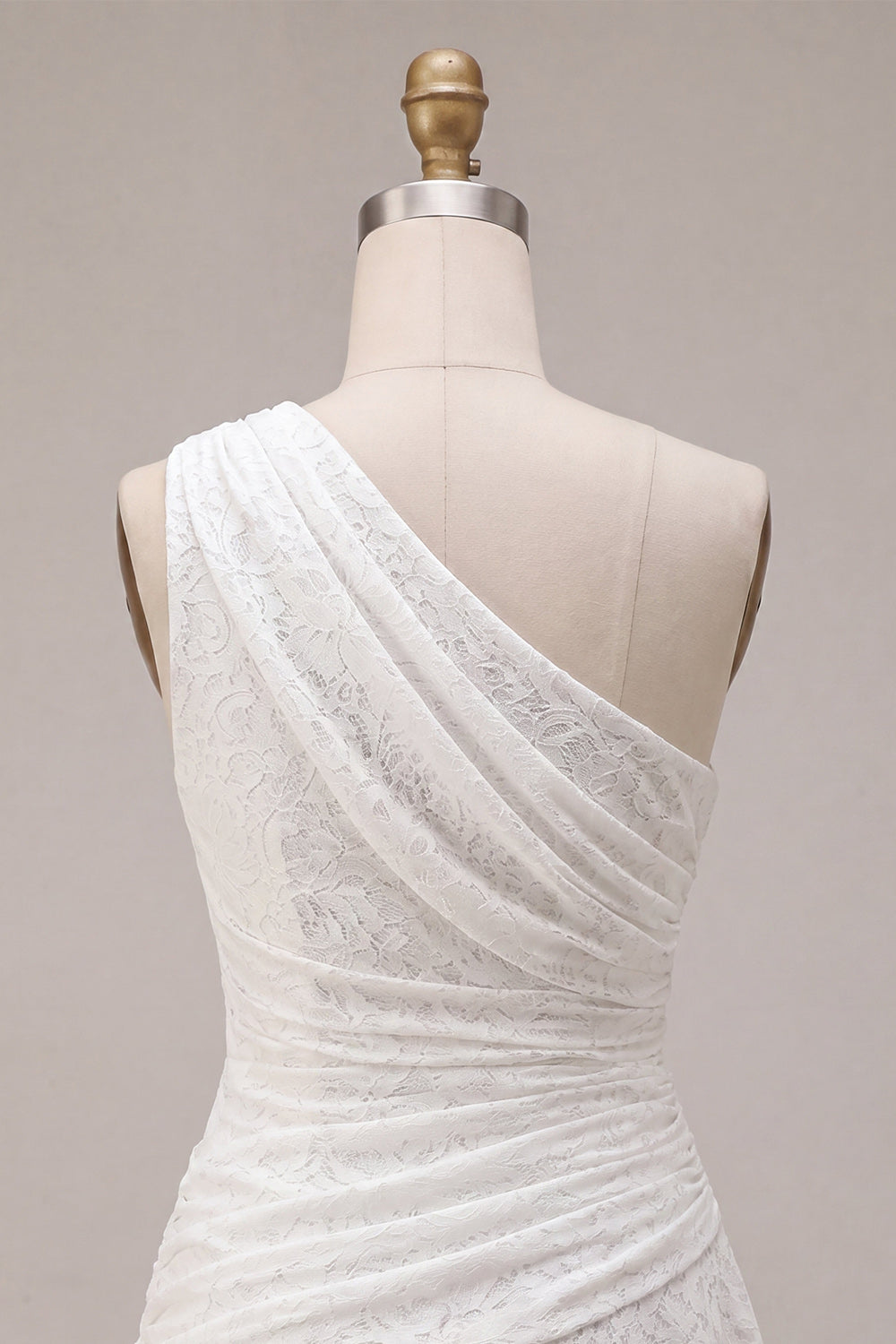 White Lace Ruched One Shoulder A-Line Short Graduation Dress