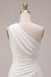 White Lace Ruched One Shoulder A-Line Short Graduation Dress