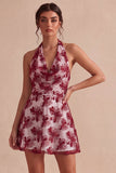 Floral White Halter Neck A-Line Short Graduation Dress