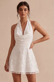 Floral White Halter Neck A-Line Short Graduation Dress