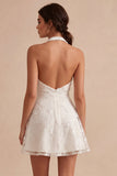 Floral White Halter Neck A-Line Short Graduation Dress