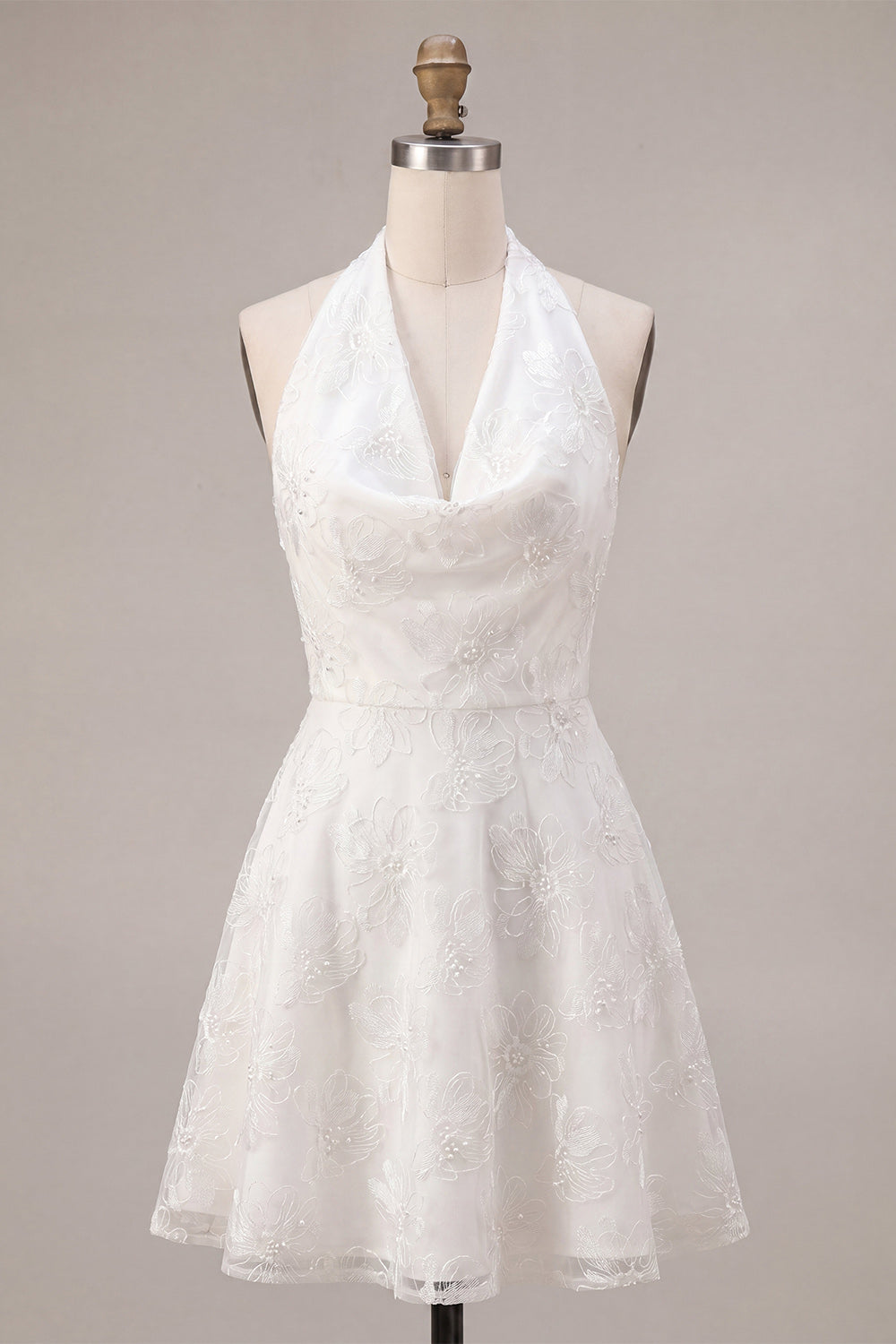 Floral White Halter Neck A-Line Short Graduation Dress