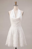 Floral White Halter Neck A-Line Short Graduation Dress