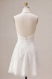 Floral White Halter Neck A-Line Short Graduation Dress