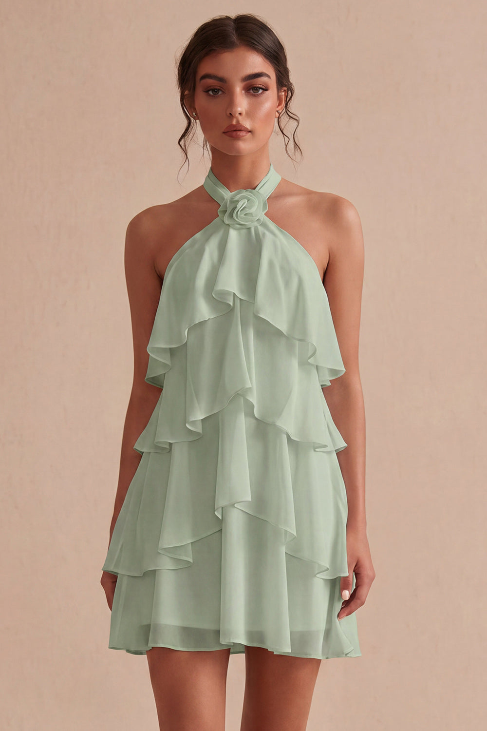 White Tiered Ruffled A-Line Short Graduation Dress with 3D Flower