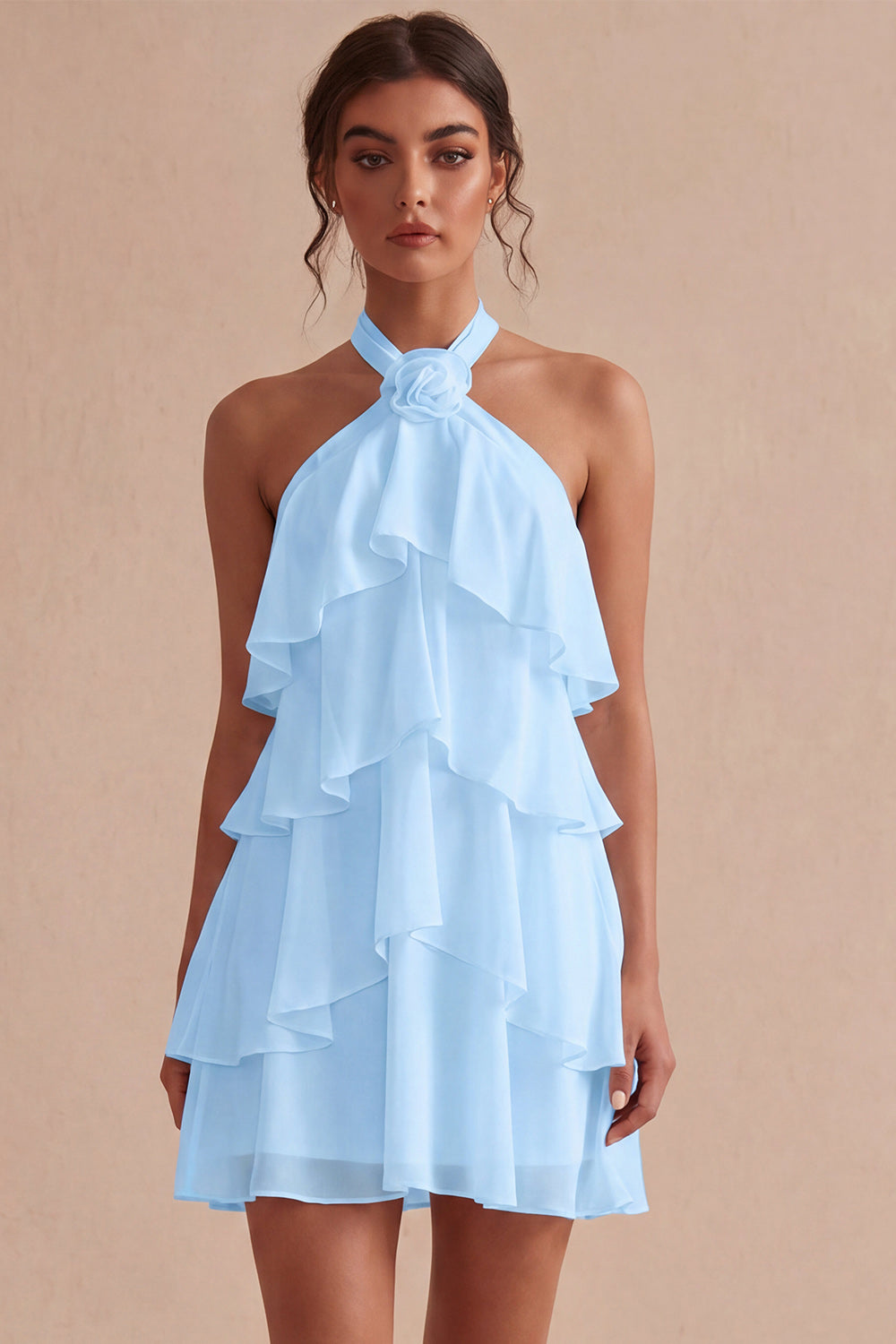 White Tiered Ruffled A-Line Short Graduation Dress with 3D Flower