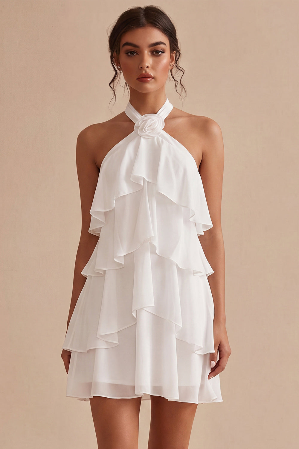 White Tiered Ruffled A-Line Short Graduation Dress with 3D Flower
