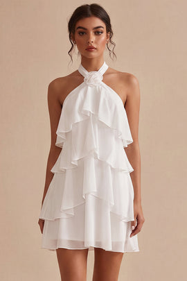 White Tiered Ruffled A-Line Short Graduation Dress with 3D Flower