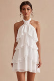 White Tiered Ruffled A-Line Short Graduation Dress with 3D Flower