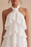 White Tiered Ruffled A-Line Short Graduation Dress with 3D Flower