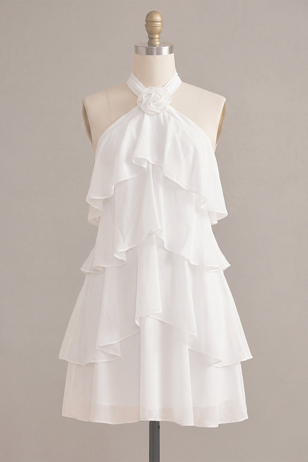 White Tiered Ruffled A-Line Short Graduation Dress with 3D Flower