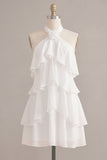 White Tiered Ruffled A-Line Short Graduation Dress with 3D Flower