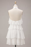 White Tiered Ruffled A-Line Short Graduation Dress with 3D Flower