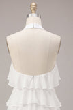 White Tiered Ruffled A-Line Short Graduation Dress with 3D Flower