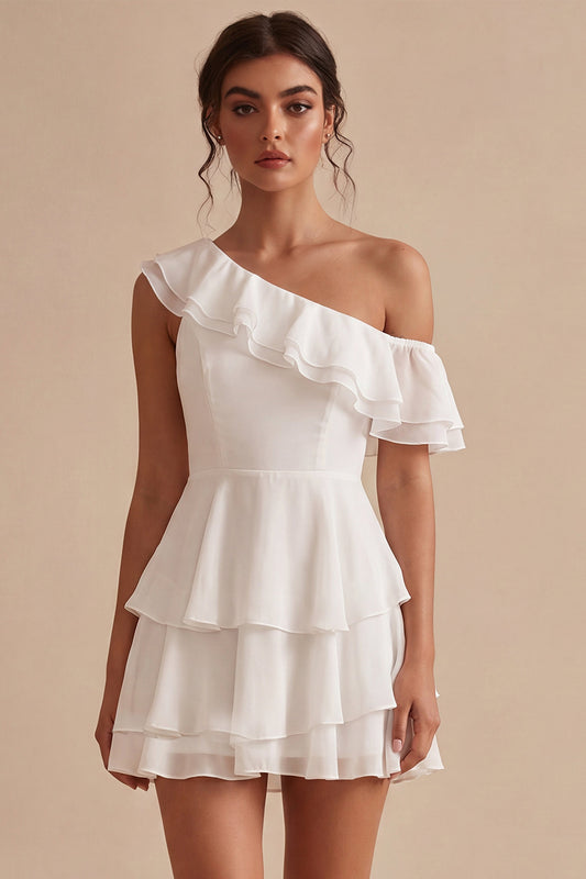 White Tiered Ruffled A-Line One Shoulder Short Graduation Dress