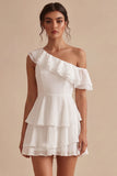 White Tiered Ruffled A-Line One Shoulder Short Graduation Dress