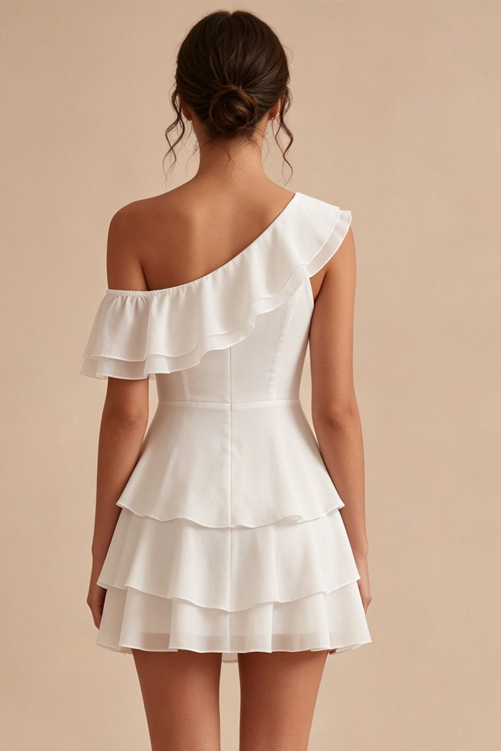 White Tiered Ruffled A-Line One Shoulder Short Graduation Dress