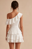 White Tiered Ruffled A-Line One Shoulder Short Graduation Dress