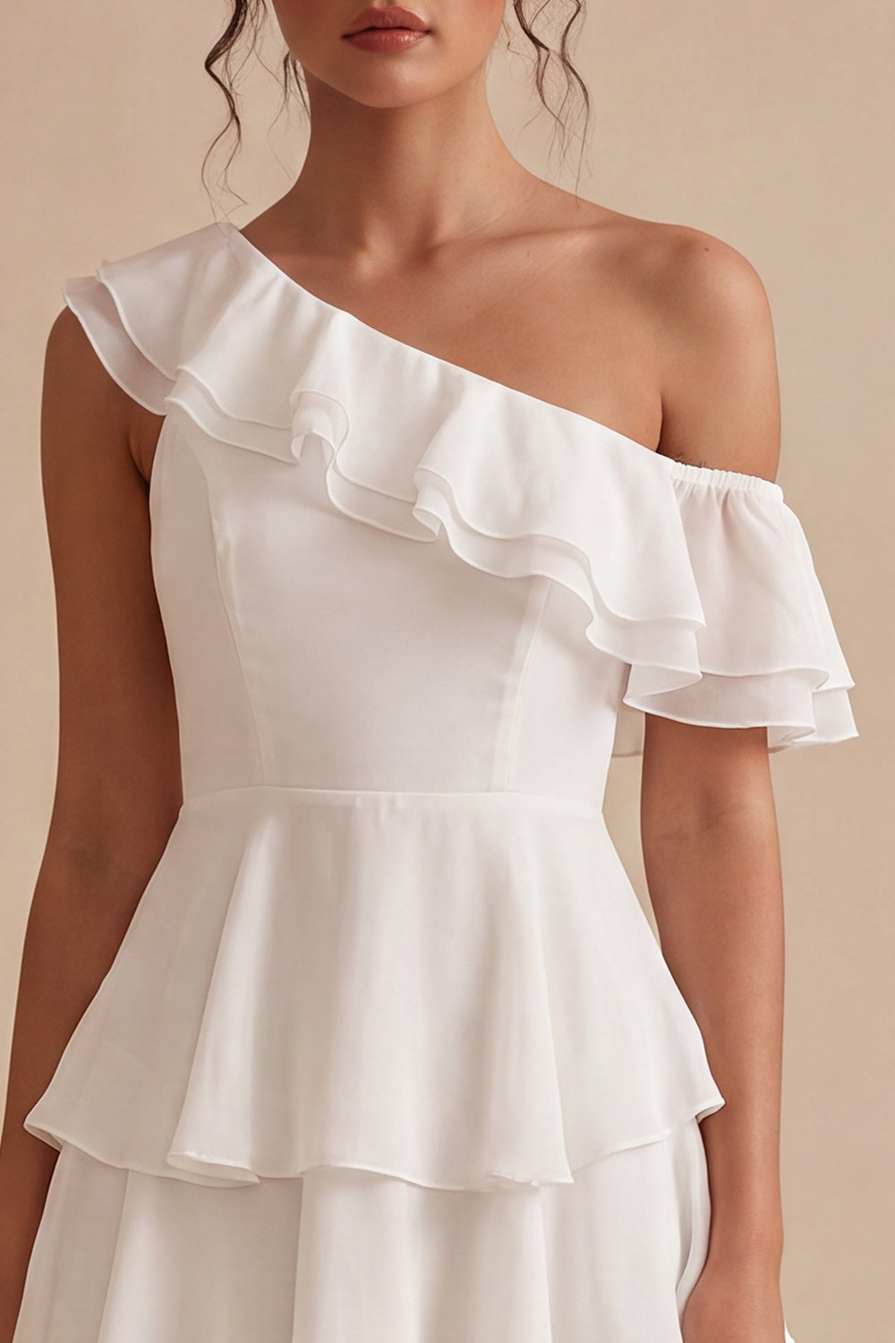 White Tiered Ruffled A-Line One Shoulder Short Graduation Dress