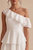 White Tiered Ruffled A-Line One Shoulder Short Graduation Dress