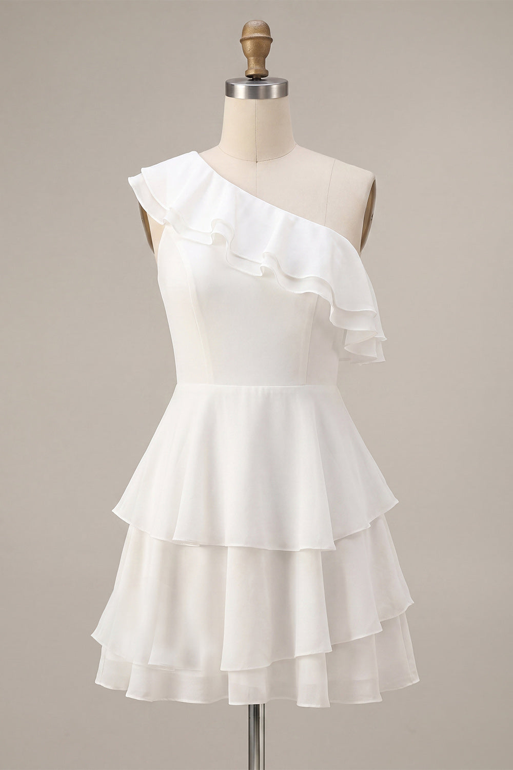 White Tiered Ruffled A-Line One Shoulder Short Graduation Dress
