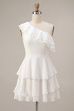 White Tiered Ruffled A-Line One Shoulder Short Graduation Dress
