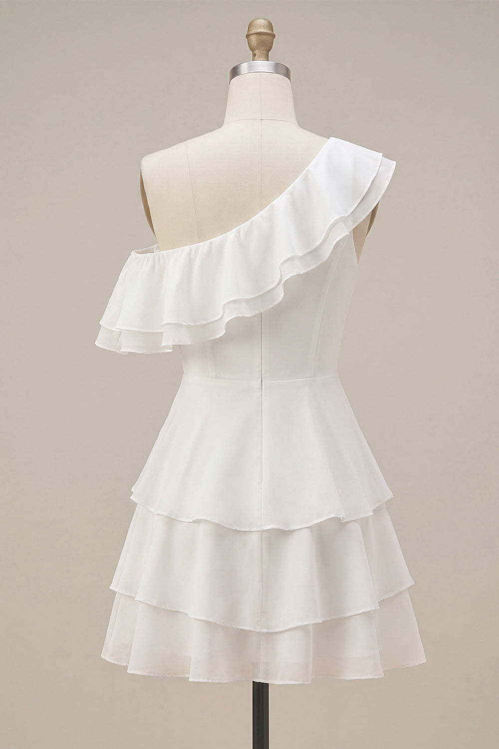 White Tiered Ruffled A-Line One Shoulder Short Graduation Dress