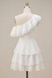 White Tiered Ruffled A-Line One Shoulder Short Graduation Dress