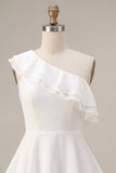 White Tiered Ruffled A-Line One Shoulder Short Graduation Dress