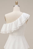 White Tiered Ruffled A-Line One Shoulder Short Graduation Dress