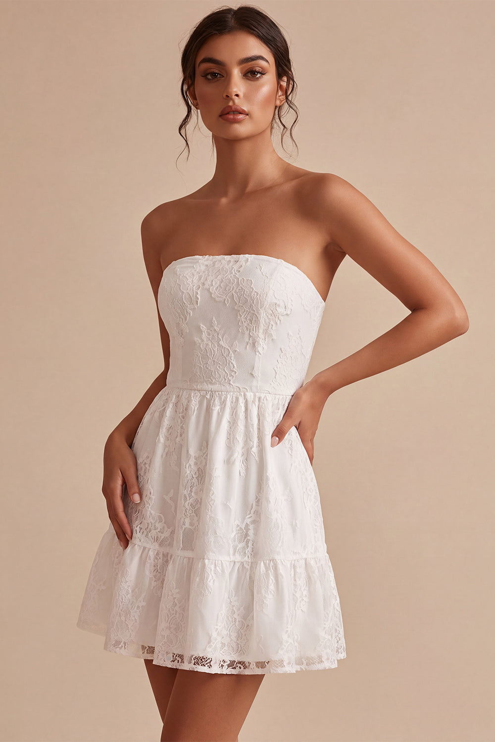 White Lace Strapless A-Line Short Graduation Dress