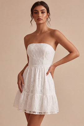 White Lace Strapless A-Line Short Graduation Dress