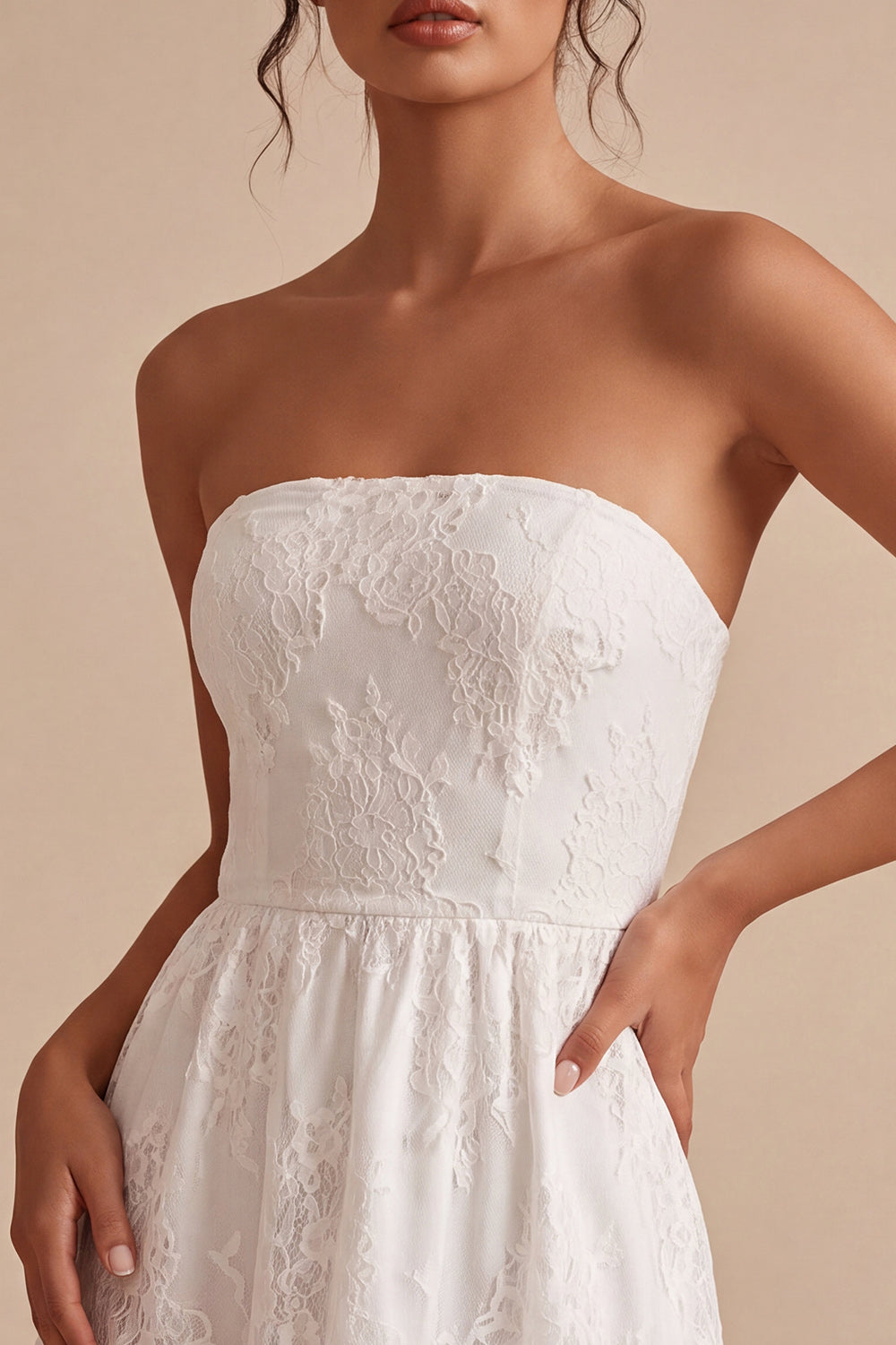 White Lace Strapless A-Line Short Graduation Dress