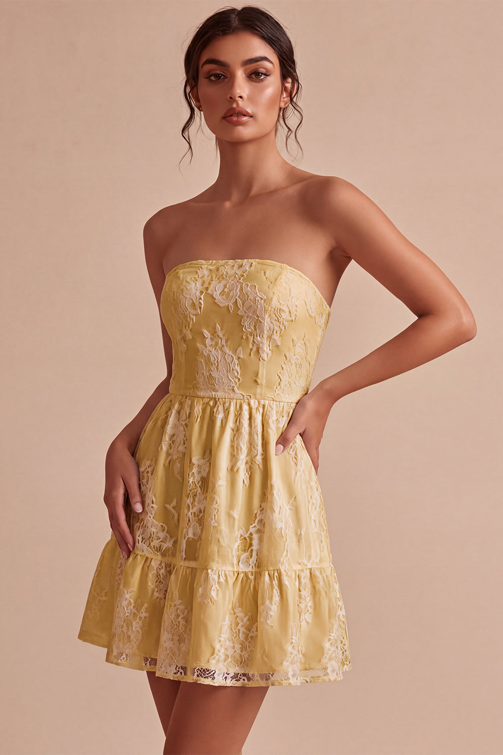 White Lace Strapless A-Line Short Graduation Dress