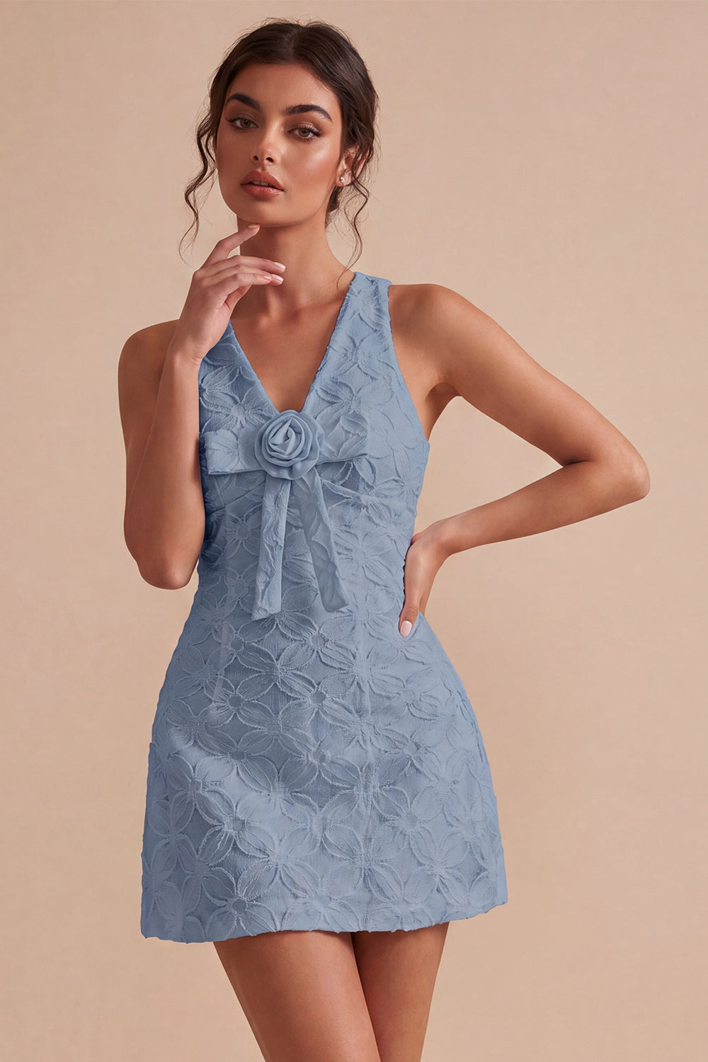 Floral White V-Neck A-Line Short Graduation Dress with Bow