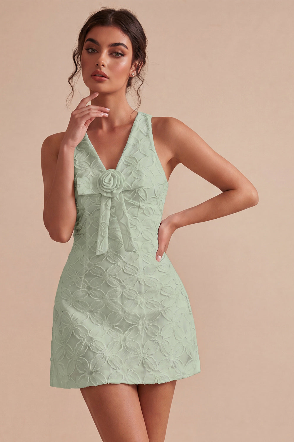 Floral White V-Neck A-Line Short Graduation Dress with Bow