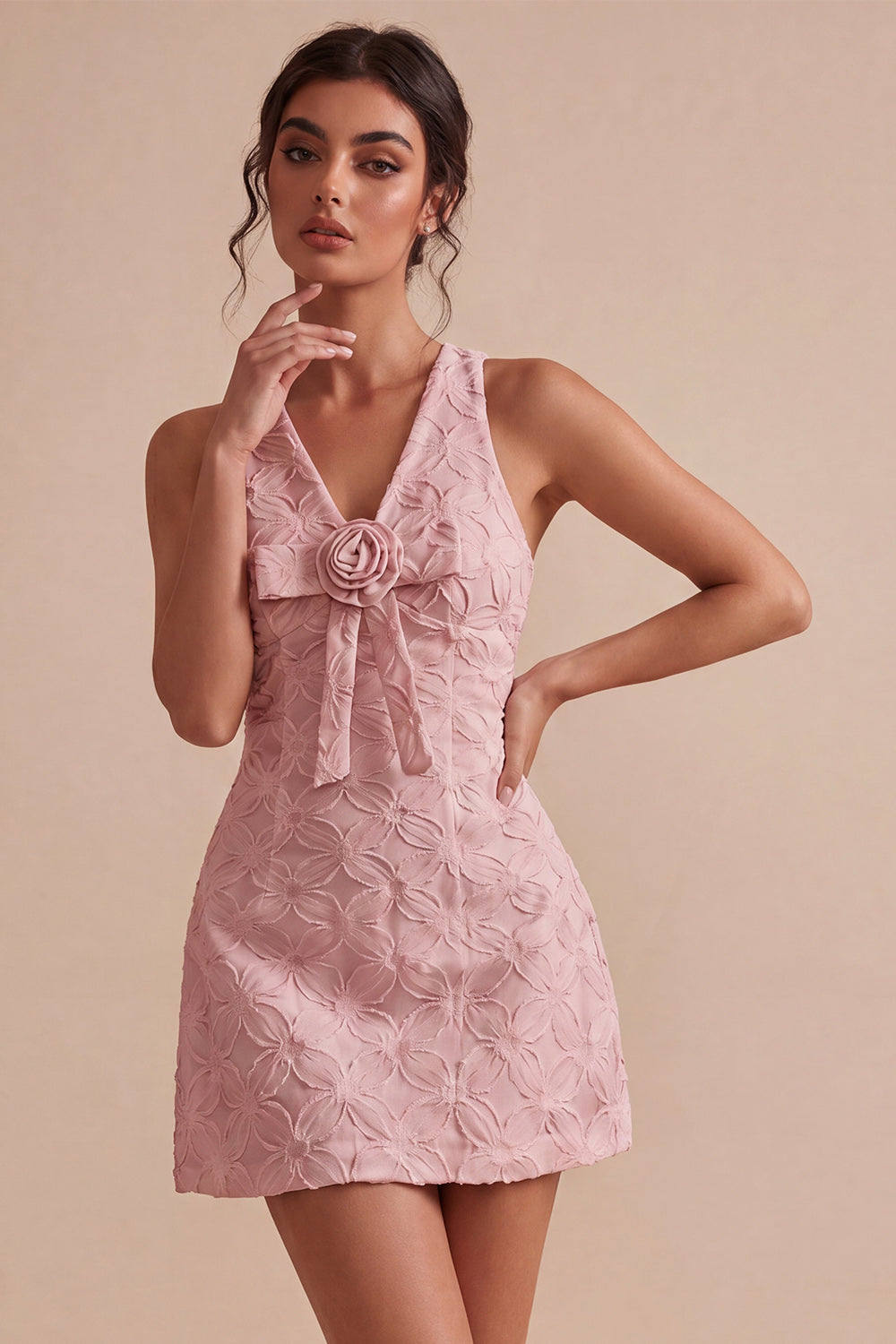 Floral White V-Neck A-Line Short Graduation Dress with Bow