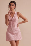 Floral White V-Neck A-Line Short Graduation Dress with Bow