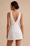 Floral White V-Neck A-Line Short Graduation Dress with Bow