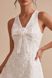 Floral White V-Neck A-Line Short Graduation Dress with Bow