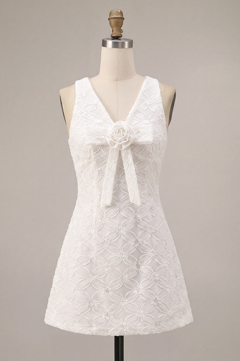 Floral White V-Neck A-Line Short Graduation Dress with Bow