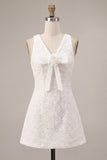 Floral White V-Neck A-Line Short Graduation Dress with Bow