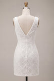 Floral White V-Neck A-Line Short Graduation Dress with Bow