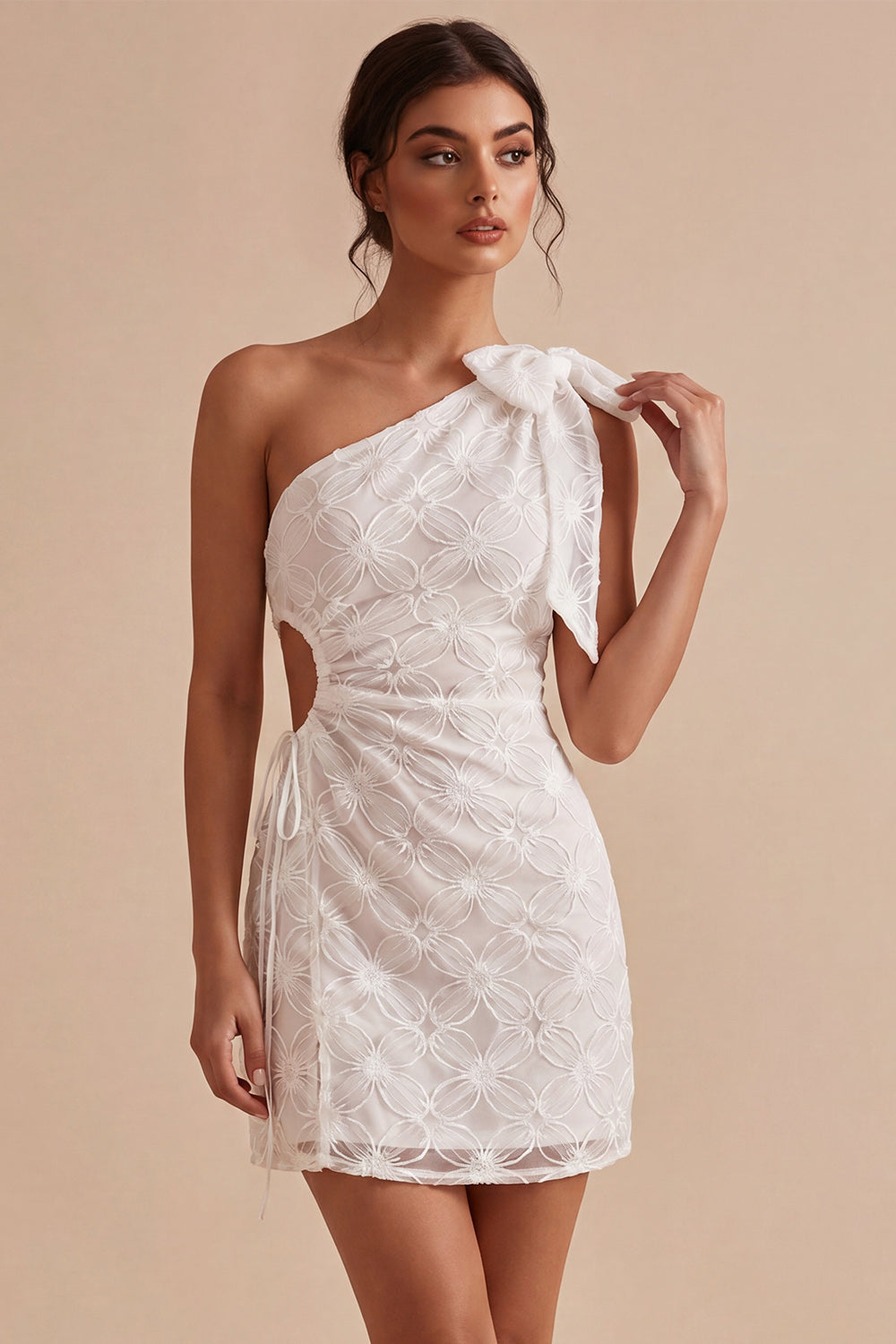 Floral White Ruched Tight Short Keyhole Graduation Dress with Bow