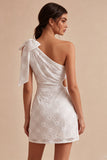 Floral White Ruched Tight Short Keyhole Graduation Dress with Bow