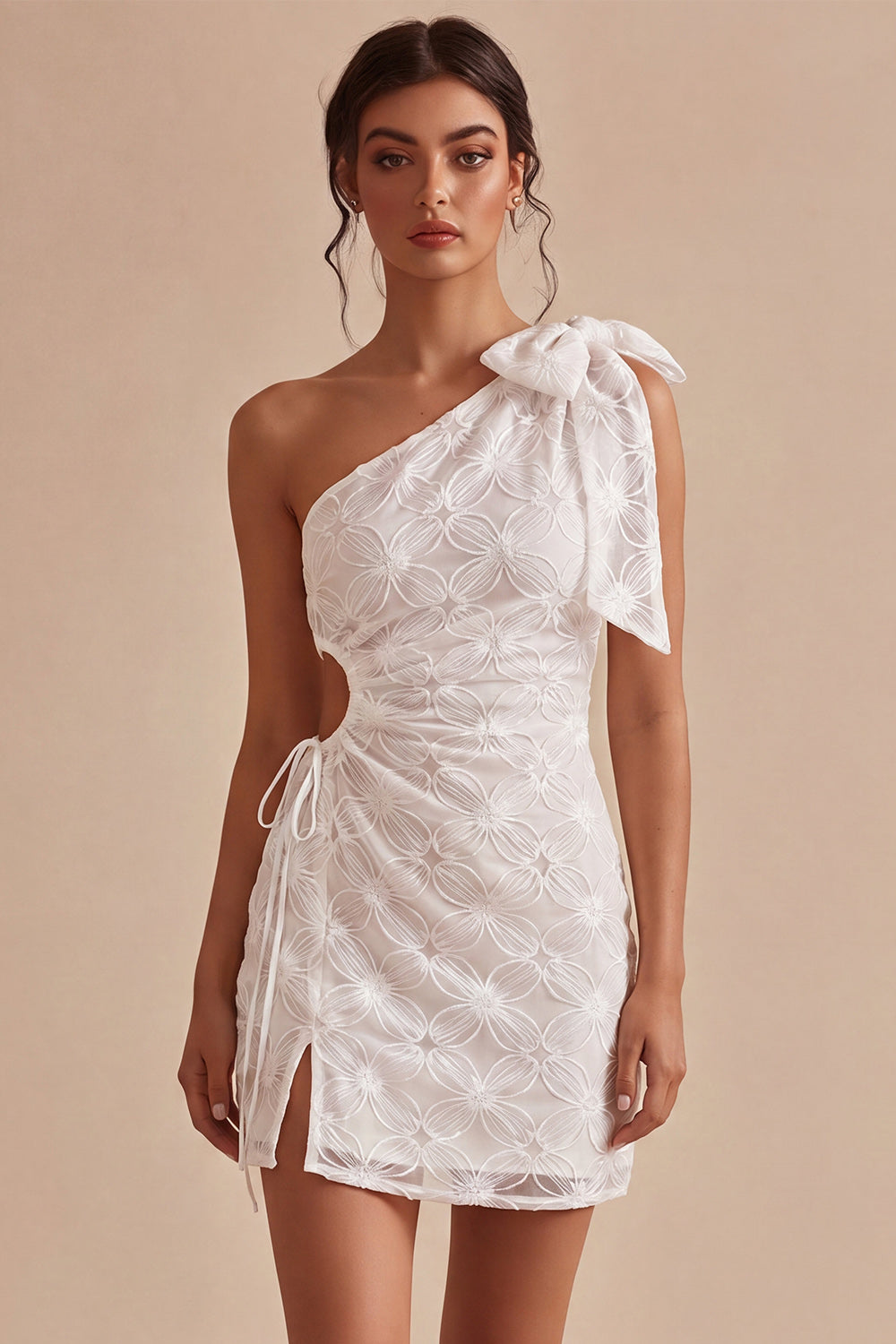 Floral White Ruched Tight Short Keyhole Graduation Dress with Bow