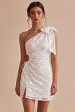 Floral White Ruched Tight Short Keyhole Graduation Dress with Bow