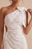 Floral White Ruched Tight Short Keyhole Graduation Dress with Bow